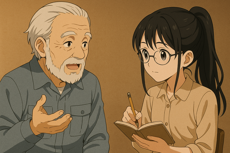 語り継ぐ老人とそれを熱心にメモする少女