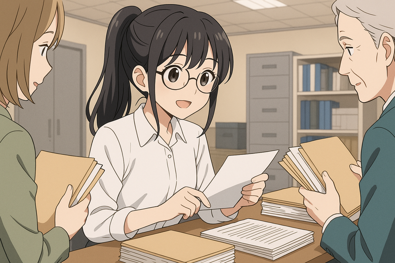 資料を集める社員と少女